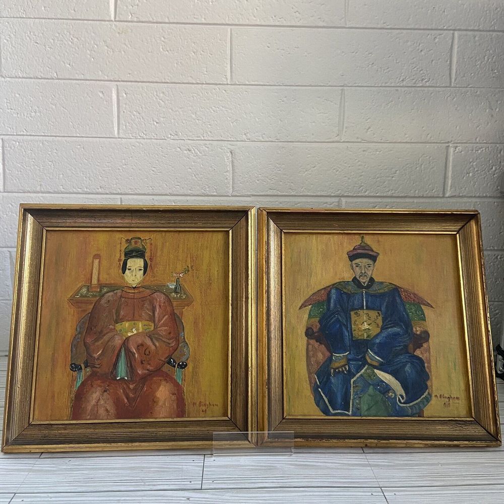 Vintage Pair of Original Chinese Ancestral Paintings - Chinoisere Decor